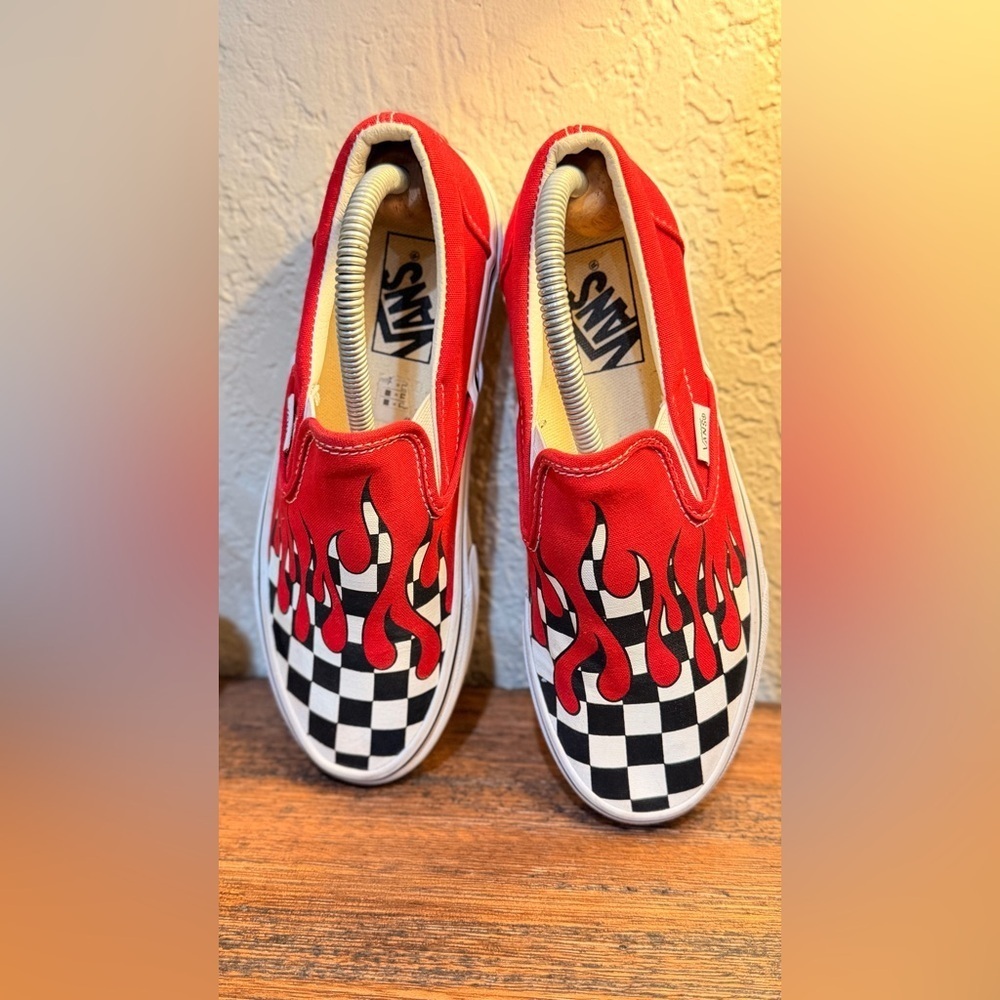 Vans Red Black White Checkerboard Flame Slip-On Sneakers